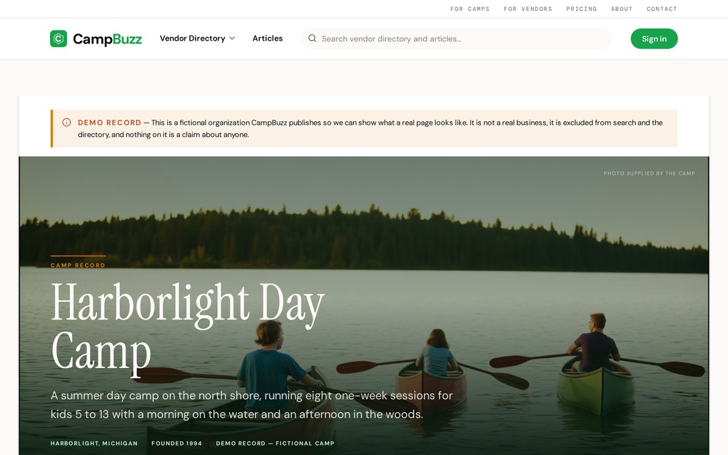 The published Harborlight Day Camp page on CampBuzz