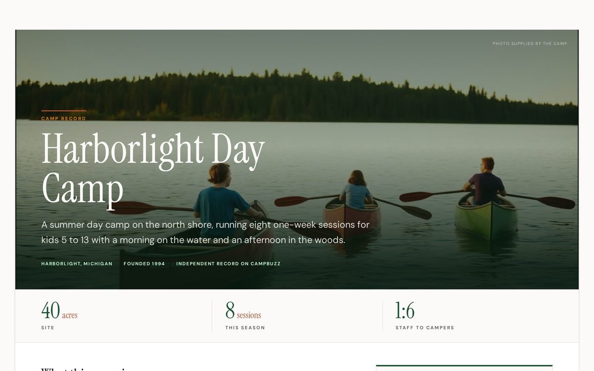 The published Harborlight Day Camp page on CampBuzz