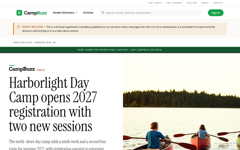 The published Harborlight Day Camp press release on CampBuzz